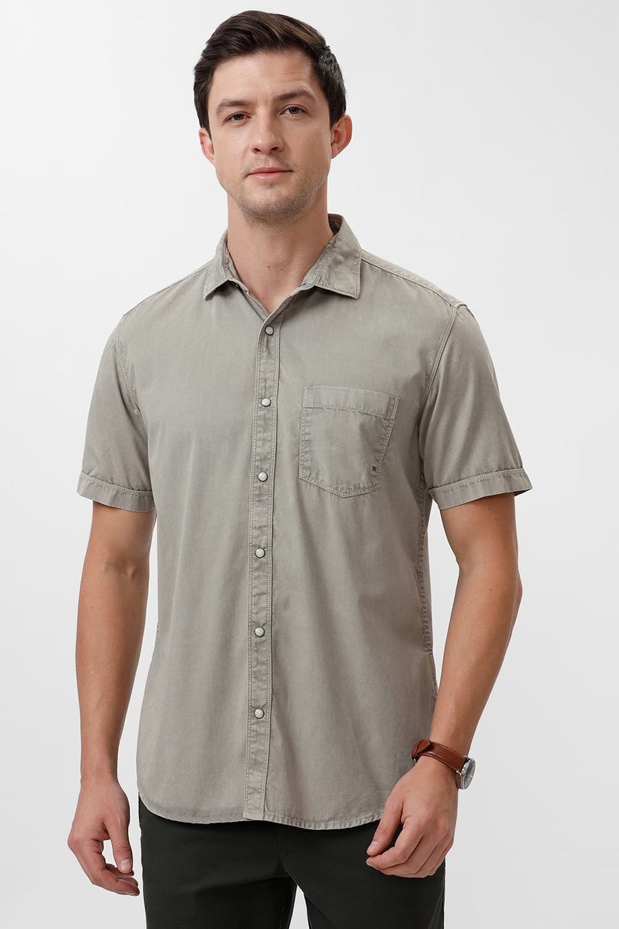 BASICS SLIM FIT STRING GREY COTTON RFD HALFSLEEVES SHIRT