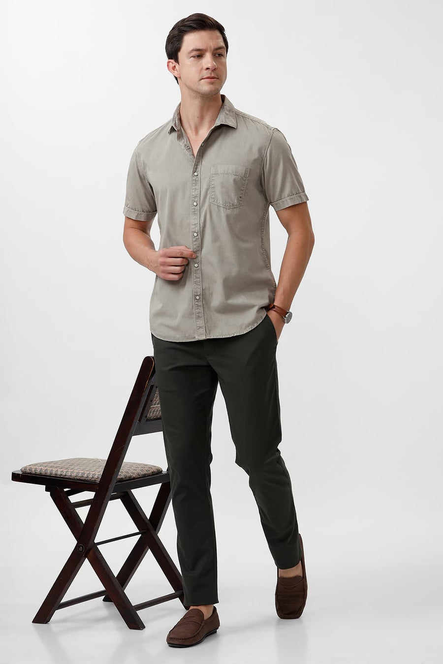 BASICS SLIM FIT STRING GREY COTTON RFD HALFSLEEVES SHIRT
