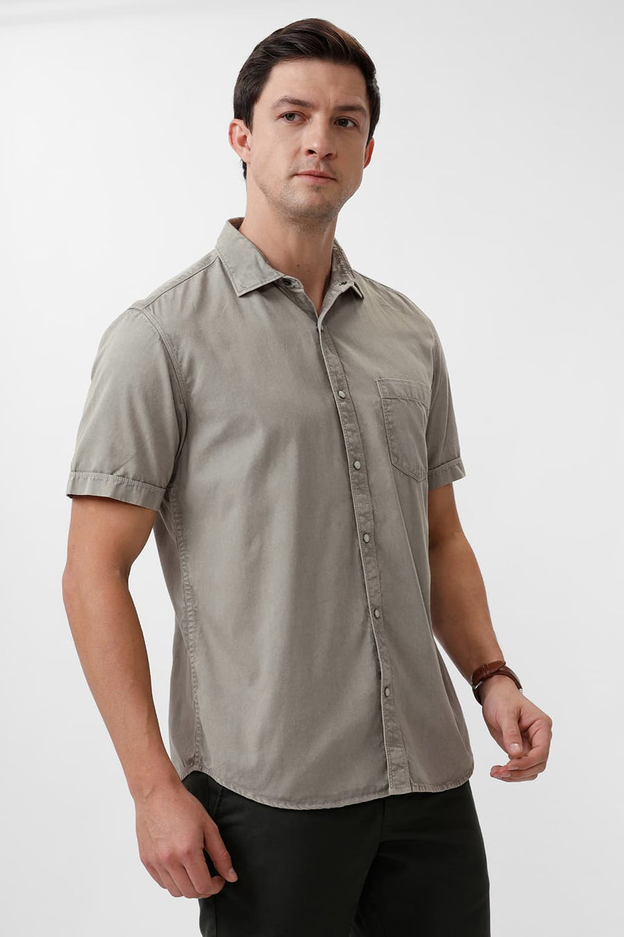 BASICS SLIM FIT STRING GREY COTTON RFD HALFSLEEVES SHIRT