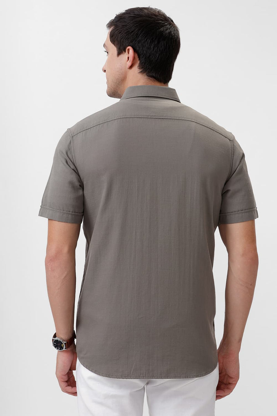 BASICS SLIM FIT SEAGRASS GREY COTTON BROKEN TWILL HALFSLEEVES SHIRT