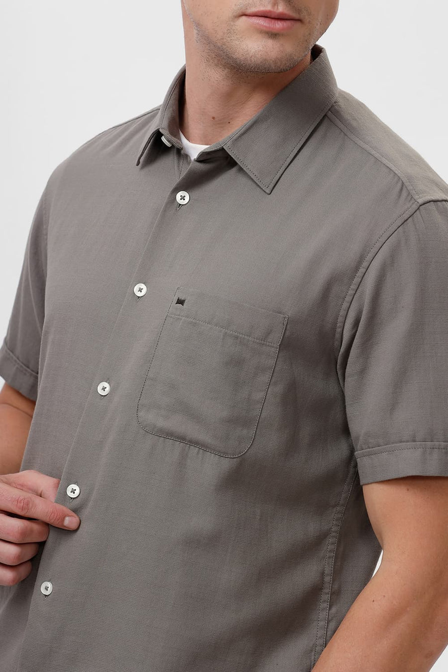 BASICS SLIM FIT SEAGRASS GREY COTTON BROKEN TWILL HALFSLEEVES SHIRT