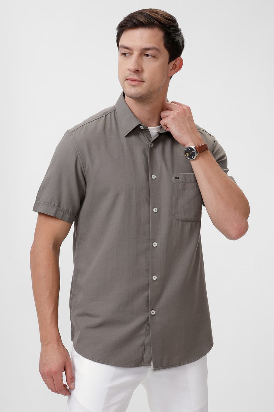 BASICS SLIM FIT SEAGRASS GREY COTTON BROKEN TWILL HALFSLEEVES SHIRT