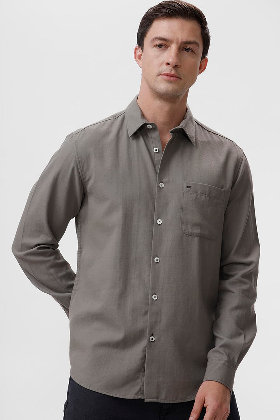 BASICS SLIM FIT SEAGRASS GREY COTTON BROKEN TWILL SHIRT