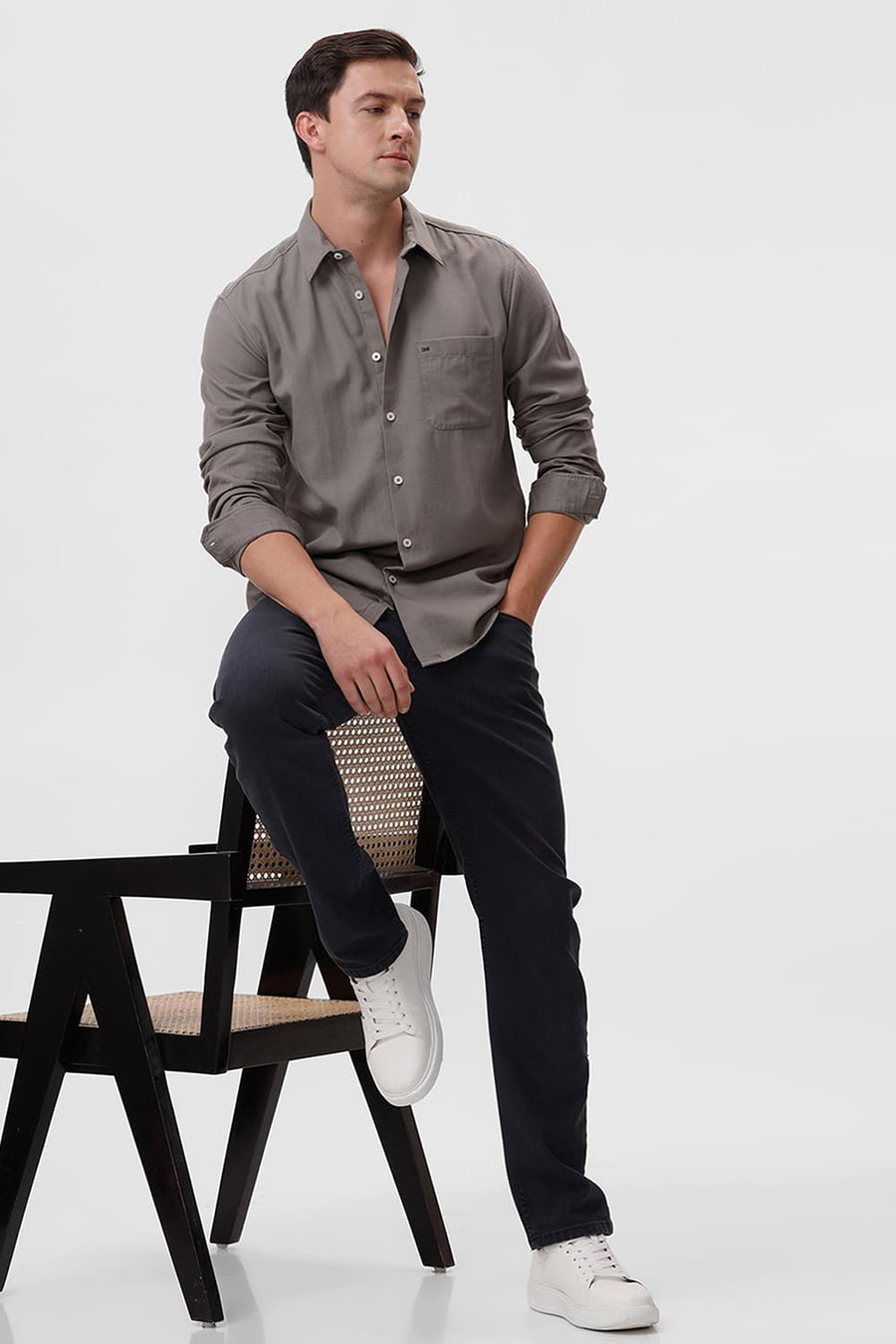 BASICS SLIM FIT SEAGRASS GREY COTTON BROKEN TWILL SHIRT