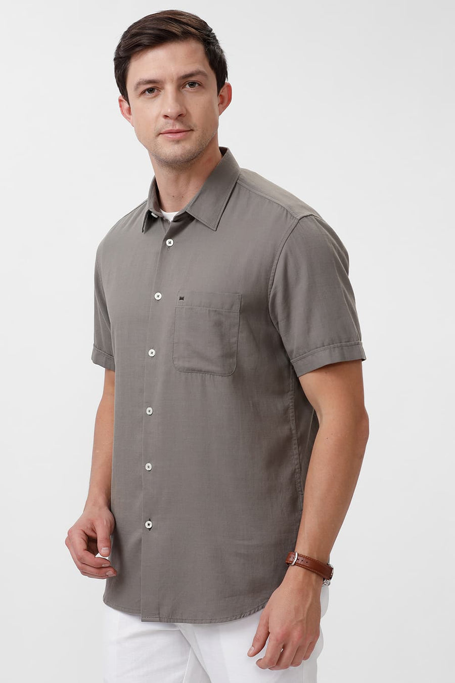BASICS SLIM FIT SEAGRASS GREY COTTON BROKEN TWILL HALFSLEEVES SHIRT
