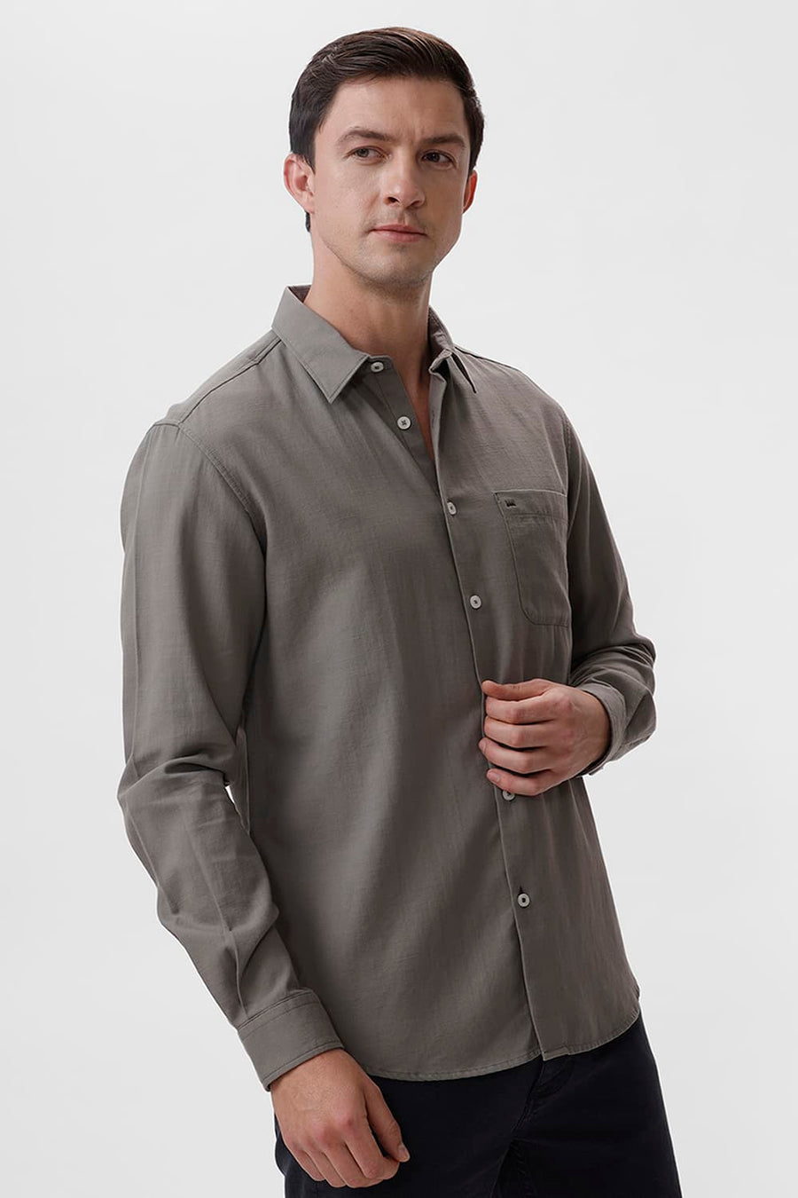 BASICS SLIM FIT SEAGRASS GREY COTTON BROKEN TWILL SHIRT
