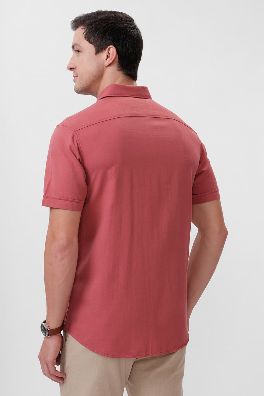 BASICS SLIM FIT RED BRICK COTTON BROKEN TWILL HALFSLEEVES SHIRT