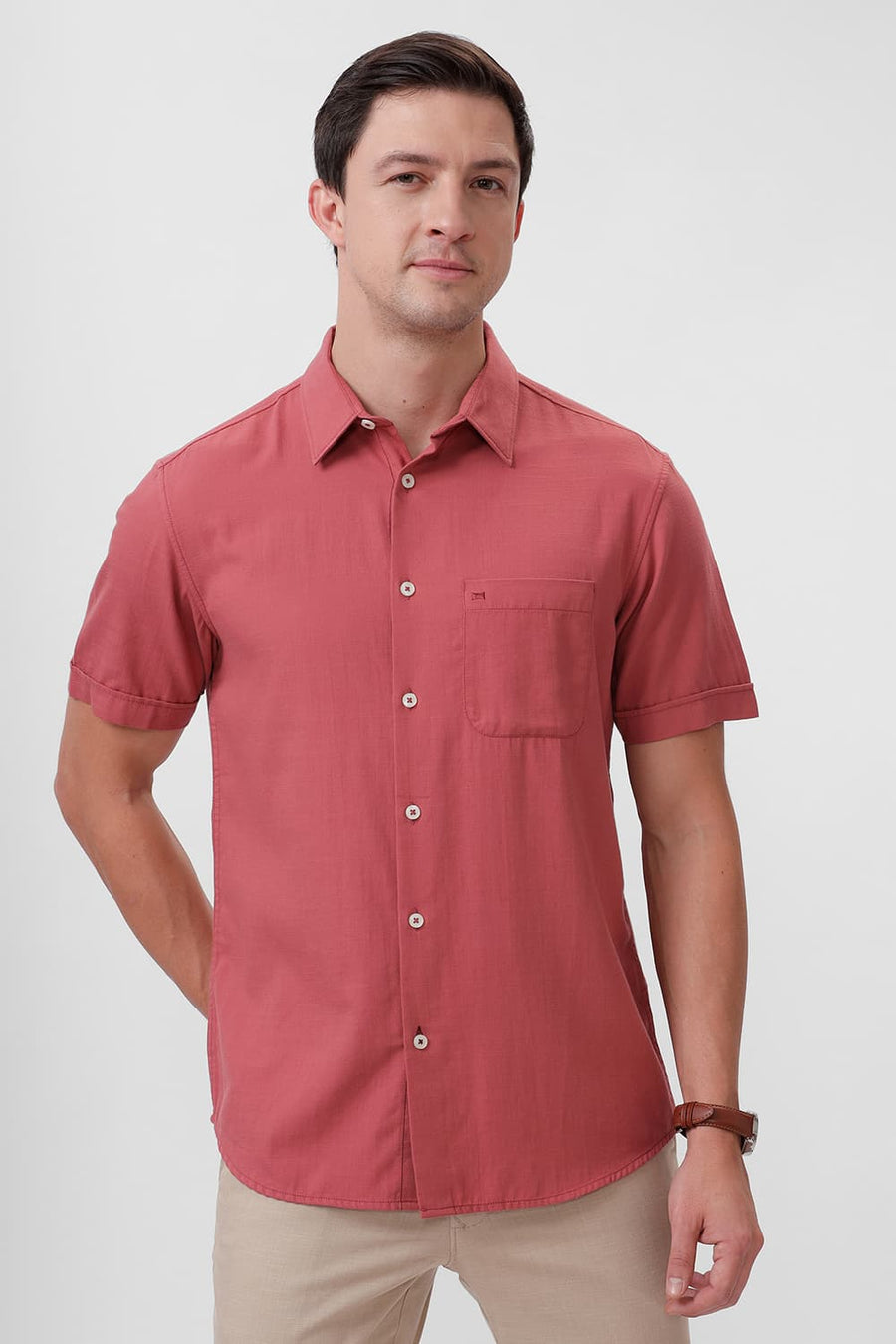 BASICS SLIM FIT RED BRICK COTTON BROKEN TWILL HALFSLEEVES SHIRT
