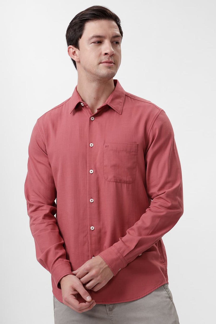BASICS SLIM FIT RED BRICK COTTON BROKEN TWILL SHIRT