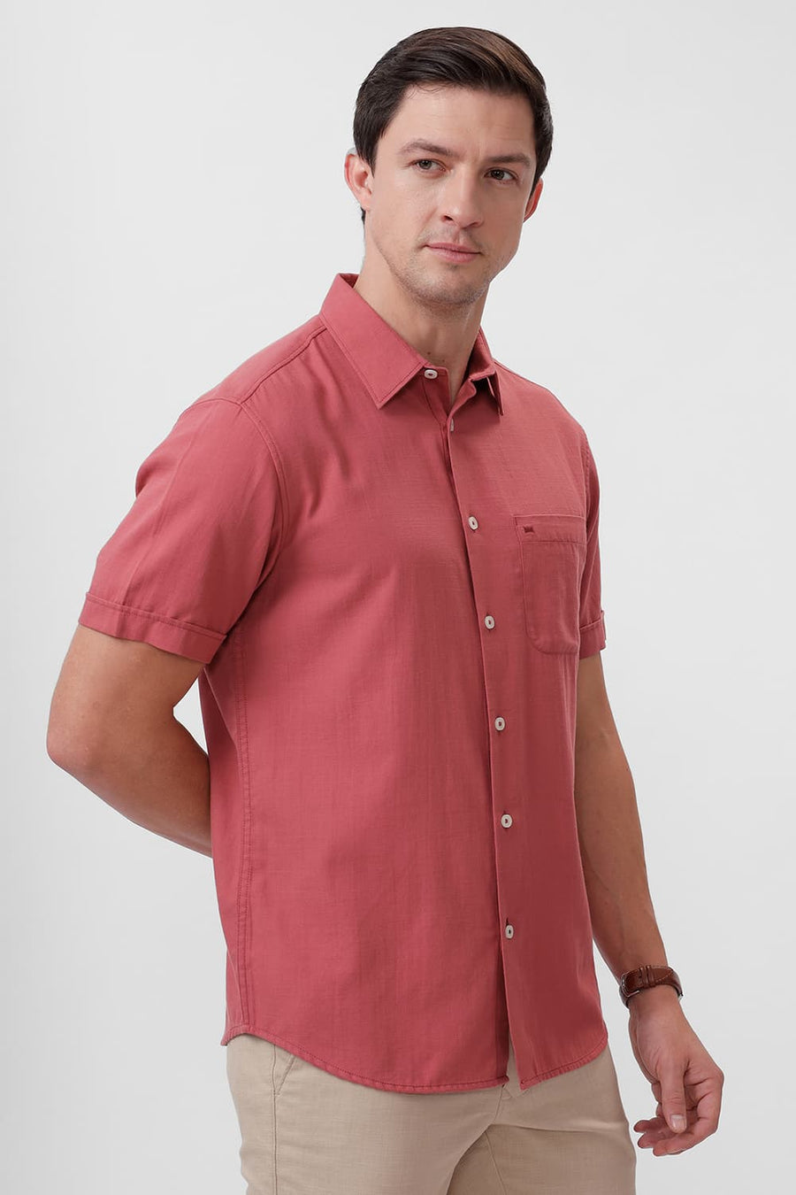 BASICS SLIM FIT RED BRICK COTTON BROKEN TWILL HALFSLEEVES SHIRT