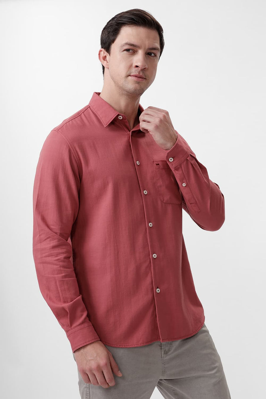 BASICS SLIM FIT RED BRICK COTTON BROKEN TWILL SHIRT