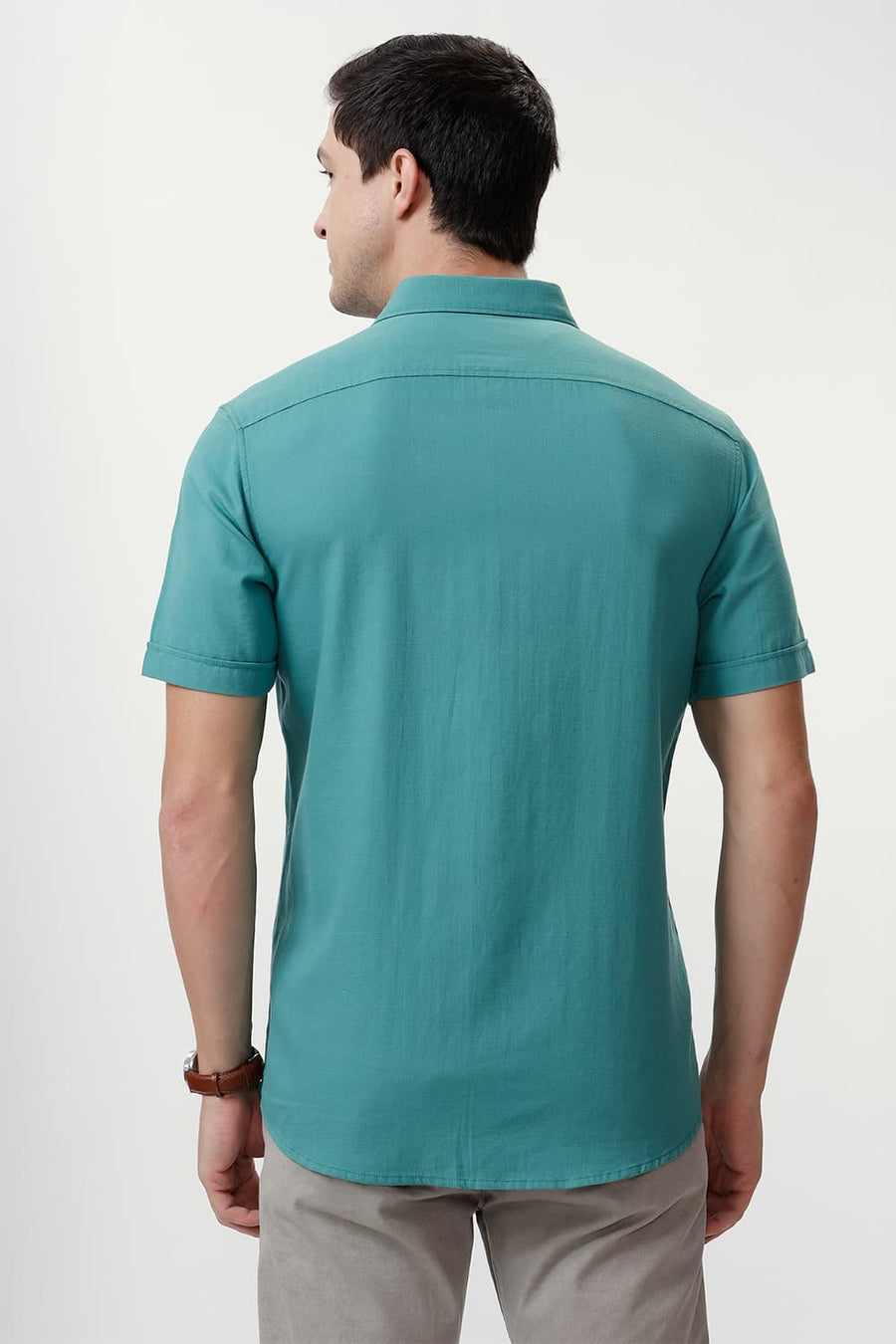 BASICS SLIM FIT TURQUOISE GREEN COTTON BROKEN TWILL HALFSLEEVES SHIRT