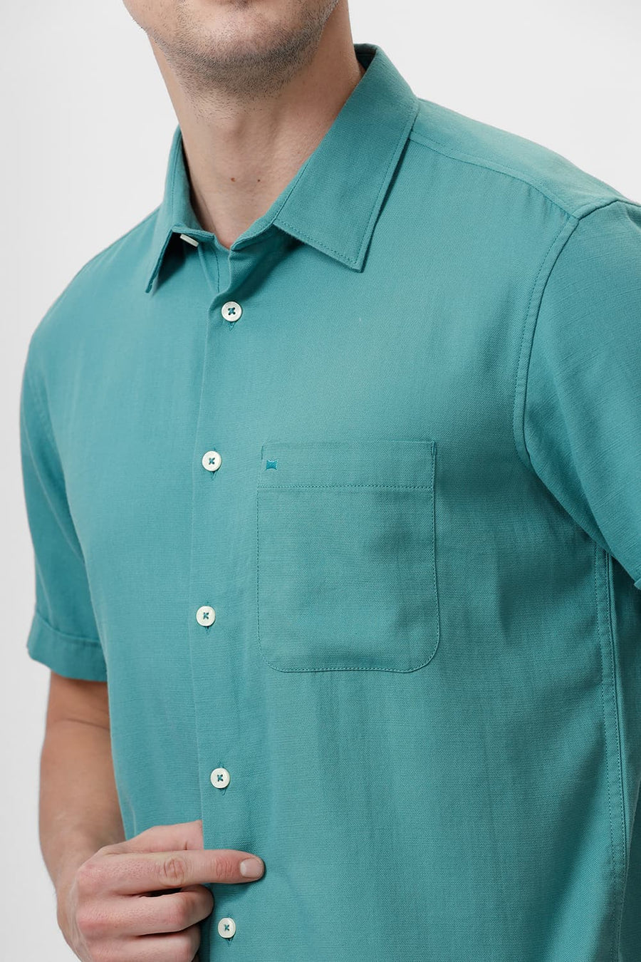 BASICS SLIM FIT TURQUOISE GREEN COTTON BROKEN TWILL HALFSLEEVES SHIRT