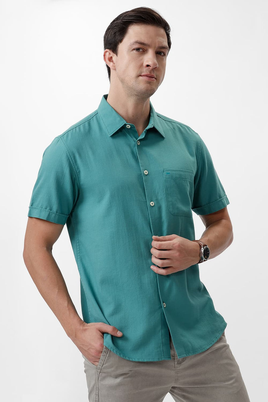 BASICS SLIM FIT TURQUOISE GREEN COTTON BROKEN TWILL HALFSLEEVES SHIRT