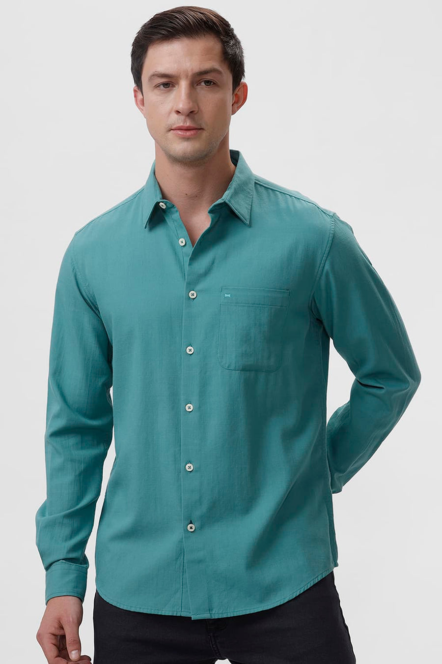 BASICS SLIM FIT TURQUOISE GREEN COTTON BROKEN TWILL SHIRT