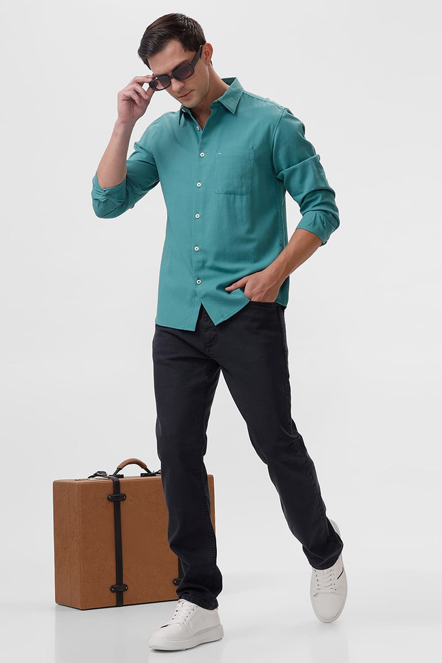 BASICS SLIM FIT TURQUOISE GREEN COTTON BROKEN TWILL SHIRT