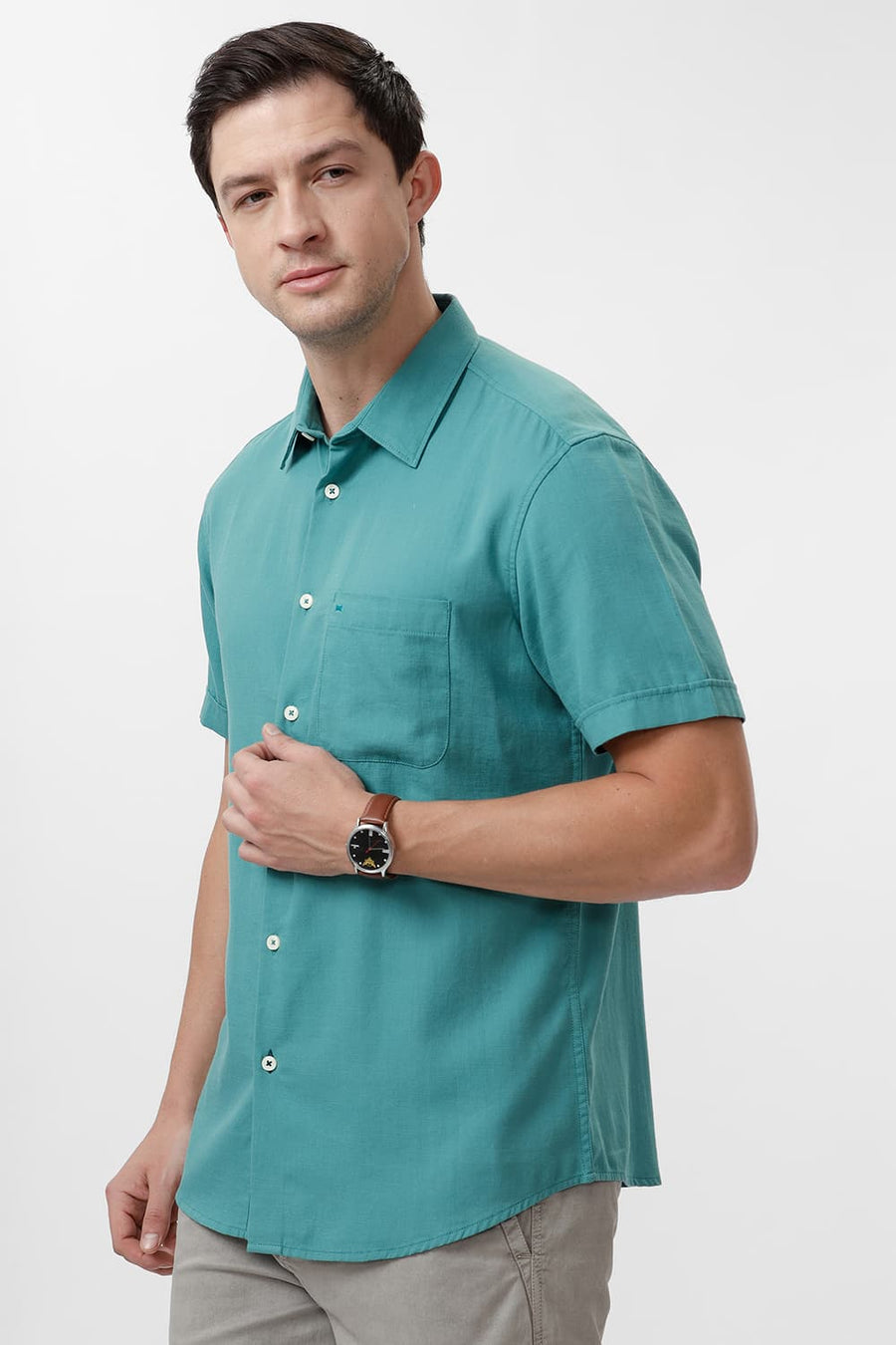 BASICS SLIM FIT TURQUOISE GREEN COTTON BROKEN TWILL HALFSLEEVES SHIRT