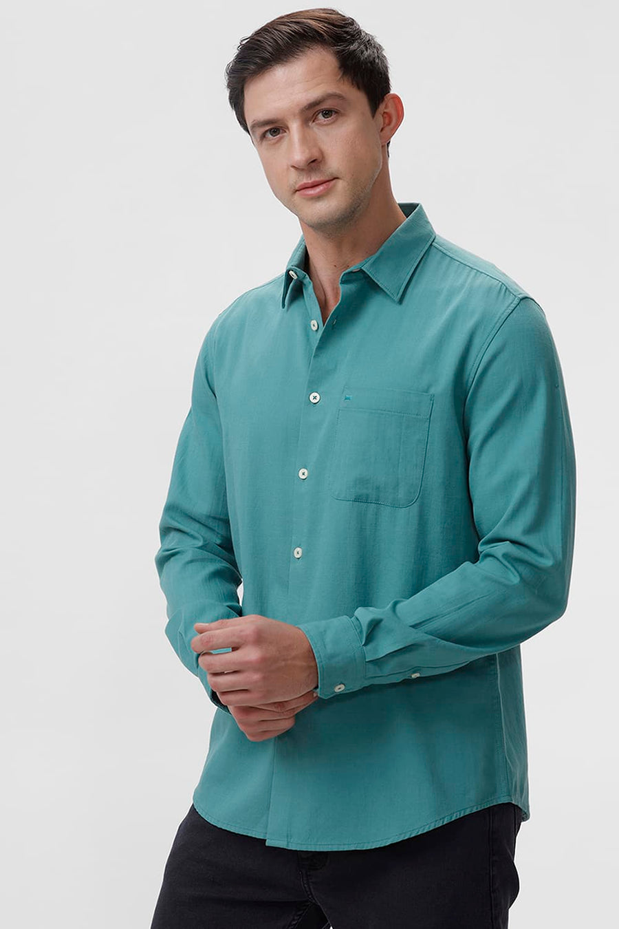 BASICS SLIM FIT TURQUOISE GREEN COTTON BROKEN TWILL SHIRT