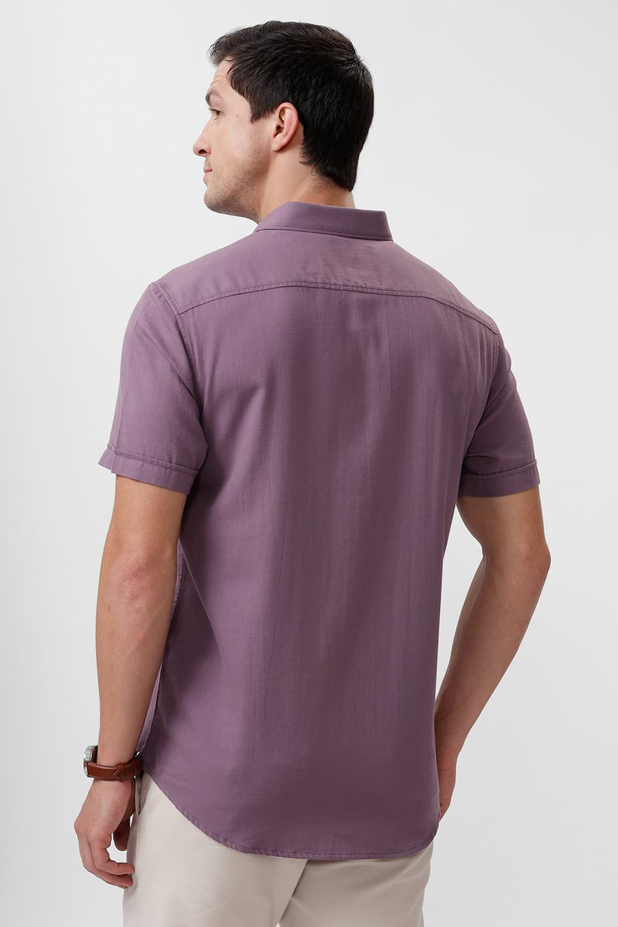 BASICS SLIM FIT DUSKY PURPLE COTTON BROKEN TWILL HALFSLEEVES SHIRT