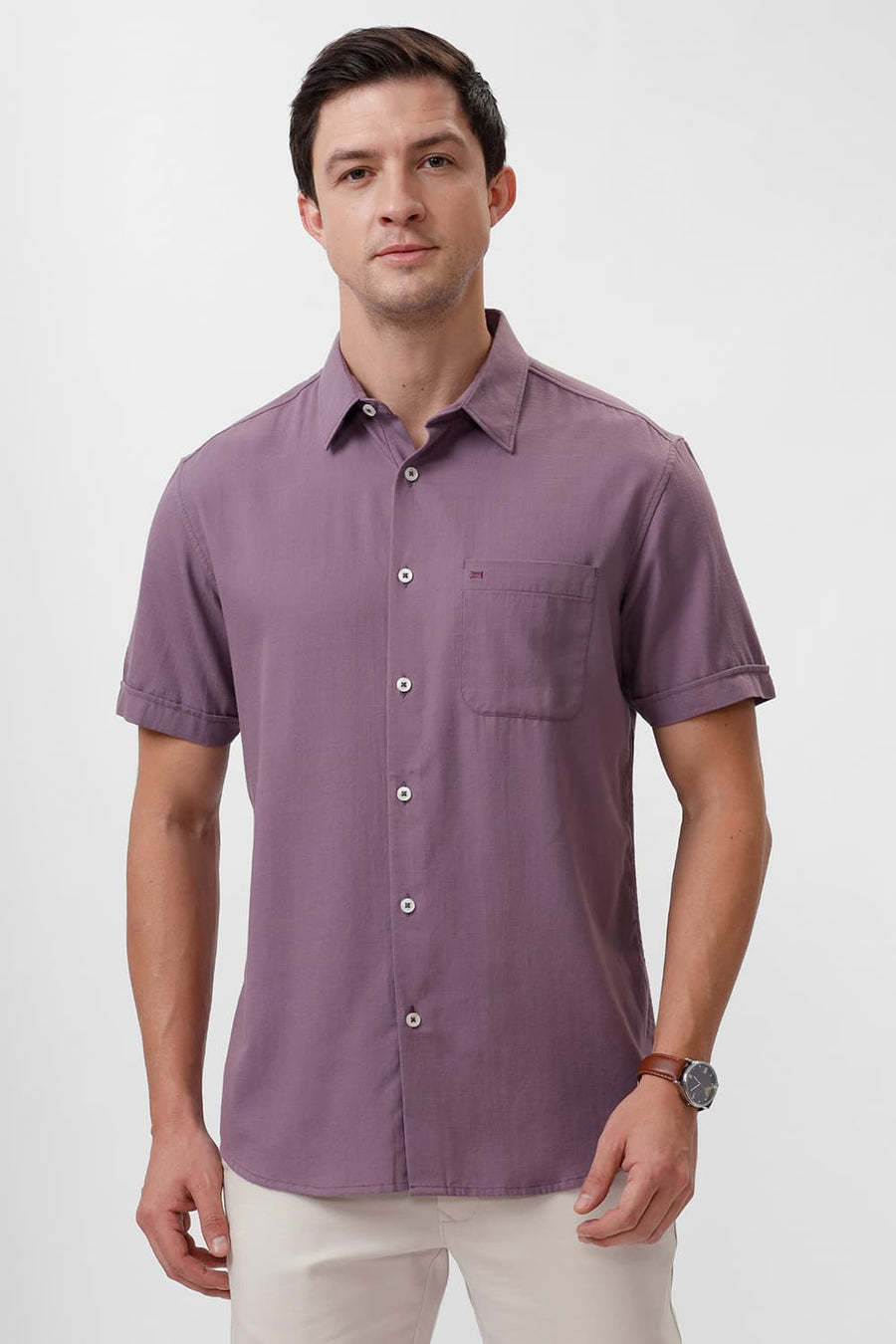 BASICS SLIM FIT DUSKY PURPLE COTTON BROKEN TWILL HALFSLEEVES SHIRT