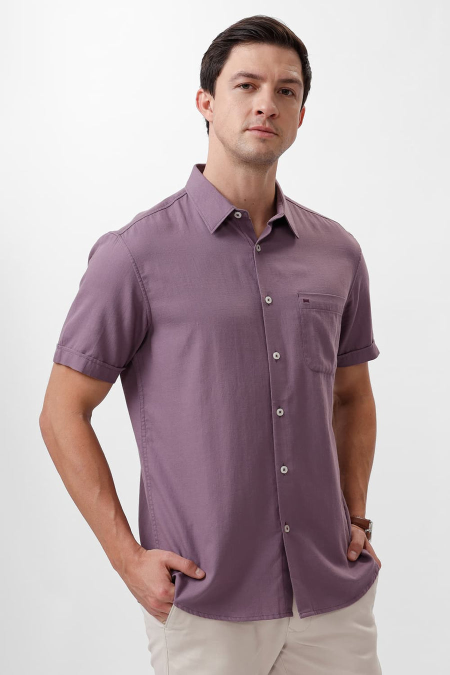 BASICS SLIM FIT DUSKY PURPLE COTTON BROKEN TWILL HALFSLEEVES SHIRT