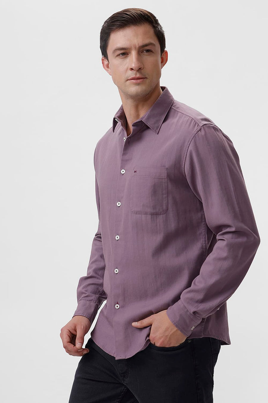 BASICS SLIM FIT DUSKY PURPLE COTTON BROKEN TWILL SHIRT