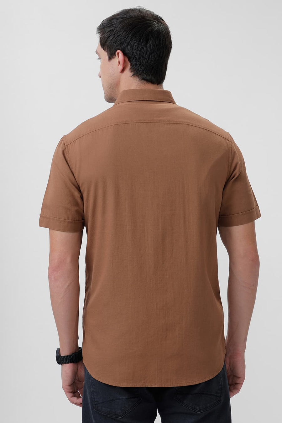 BASICS SLIM FIT ALMOND BROWN COTTON BROKEN TWILL HALFSLEEVES SHIRT
