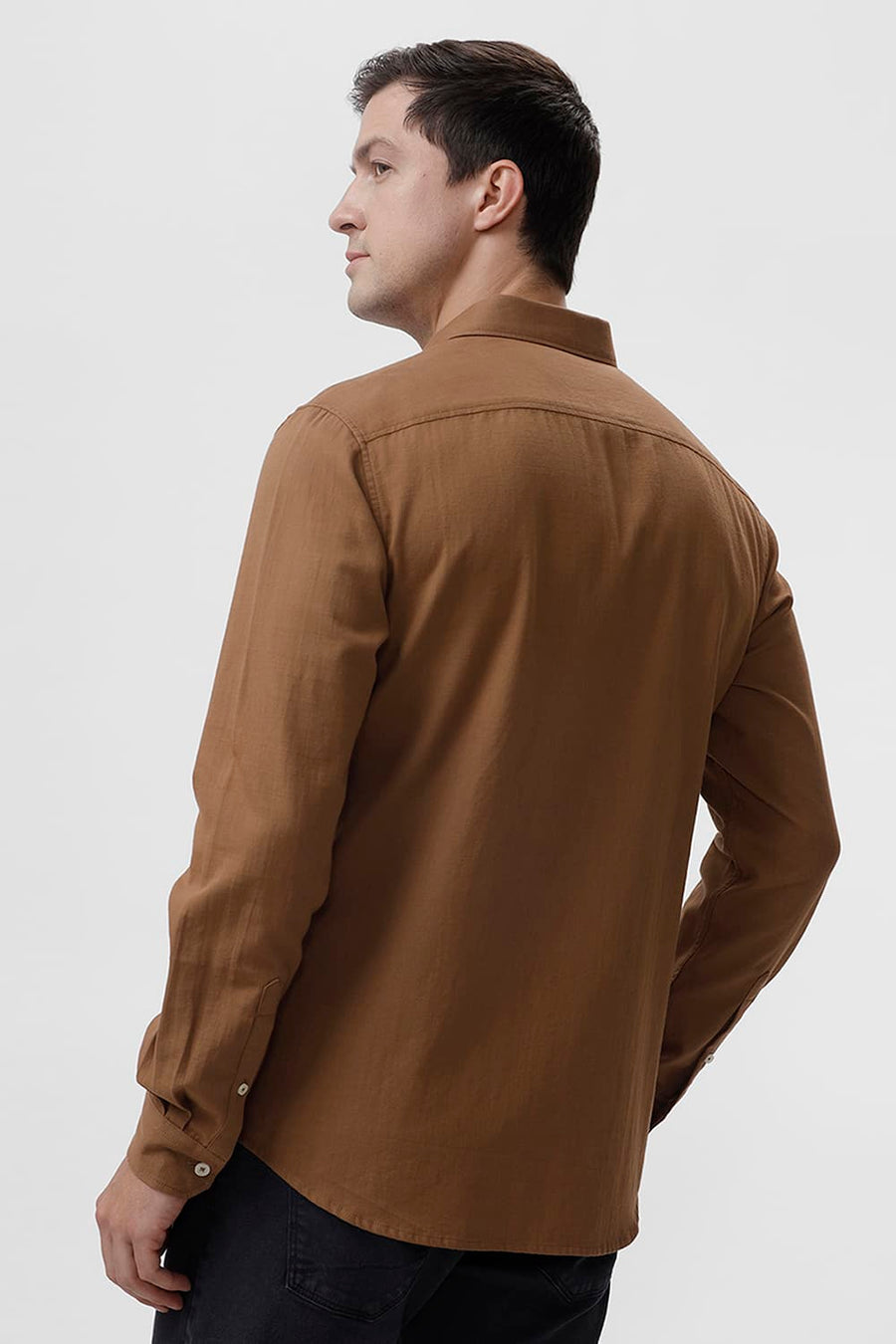 BASICS SLIM FIT ALMOND BROWN COTTON BROKEN TWILL SHIRT