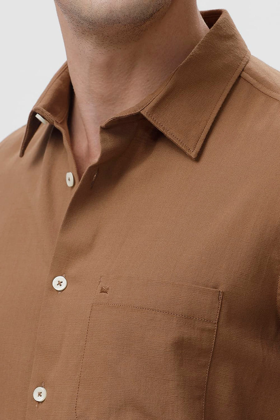BASICS SLIM FIT ALMOND BROWN COTTON BROKEN TWILL SHIRT
