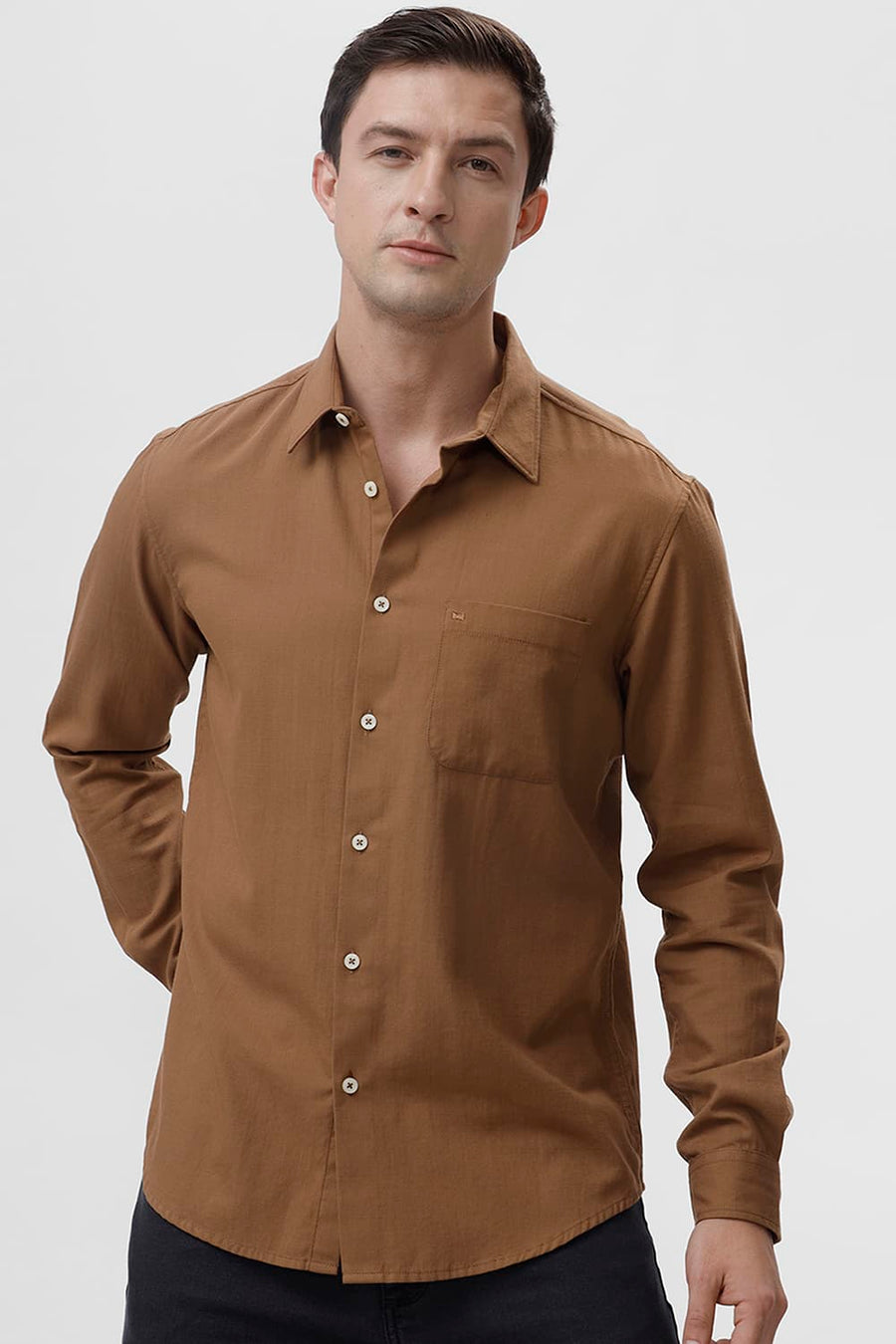 BASICS SLIM FIT ALMOND BROWN COTTON BROKEN TWILL SHIRT