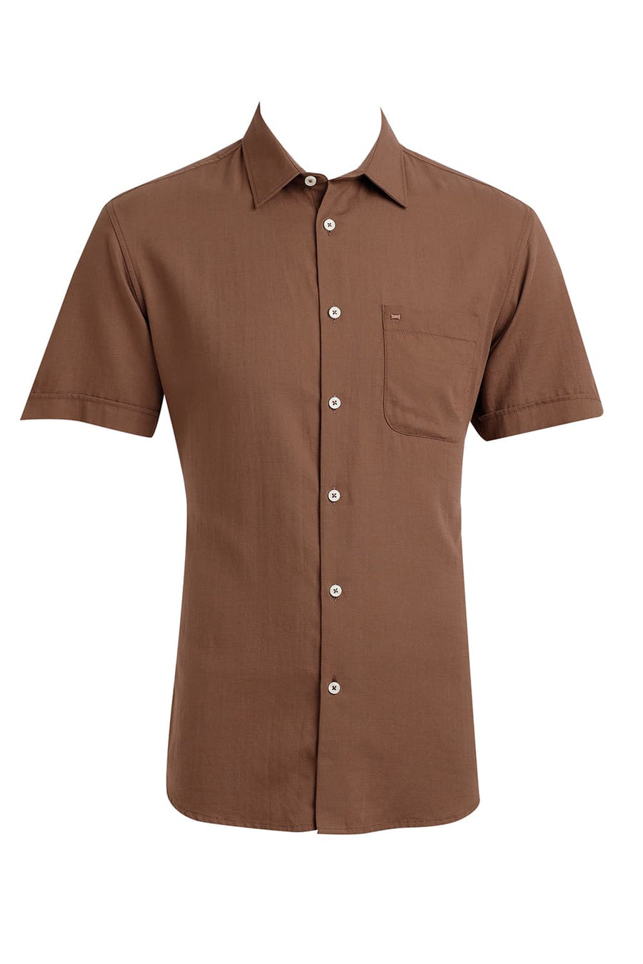 BASICS SLIM FIT ALMOND BROWN COTTON BROKEN TWILL HALFSLEEVES SHIRT