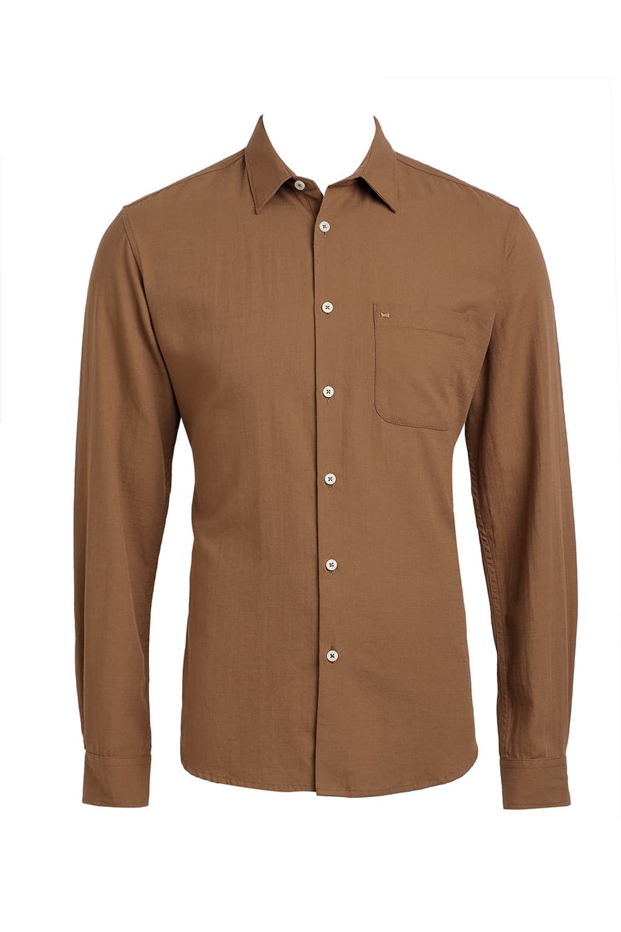 BASICS SLIM FIT ALMOND BROWN COTTON BROKEN TWILL SHIRT