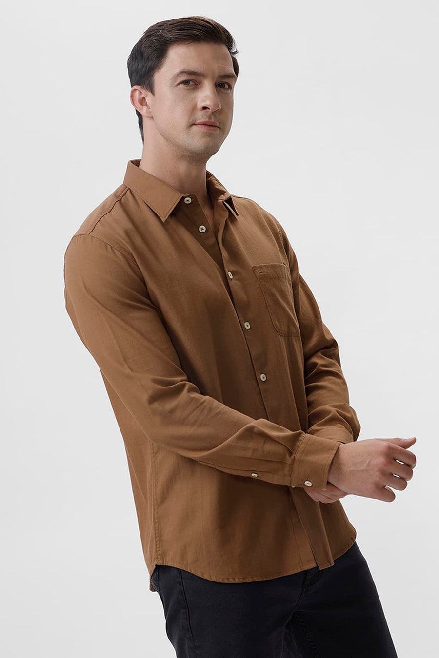 BASICS SLIM FIT ALMOND BROWN COTTON BROKEN TWILL SHIRT