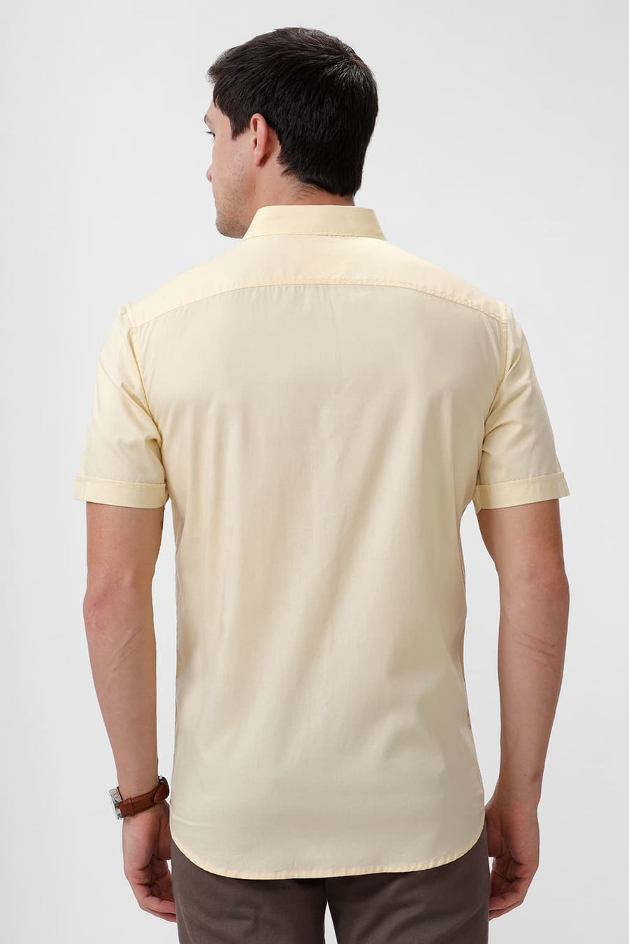 BASICS SLIM FIT PASTEL YELLOW COTTON OXFORD HALFSLEEVES SHIRT