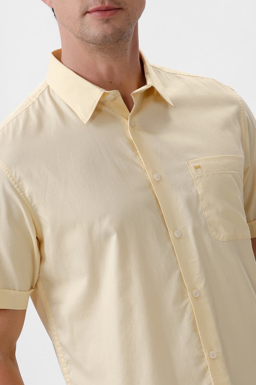 BASICS SLIM FIT PASTEL YELLOW COTTON OXFORD HALFSLEEVES SHIRT