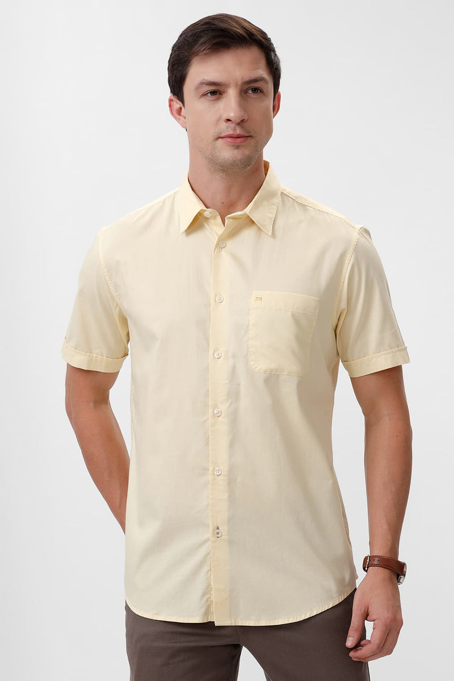 BASICS SLIM FIT PASTEL YELLOW COTTON OXFORD HALFSLEEVES SHIRT