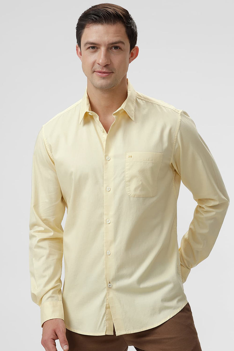 BASICS SLIM FIT PASTEL YELLOW COTTON OXFORD SHIRT