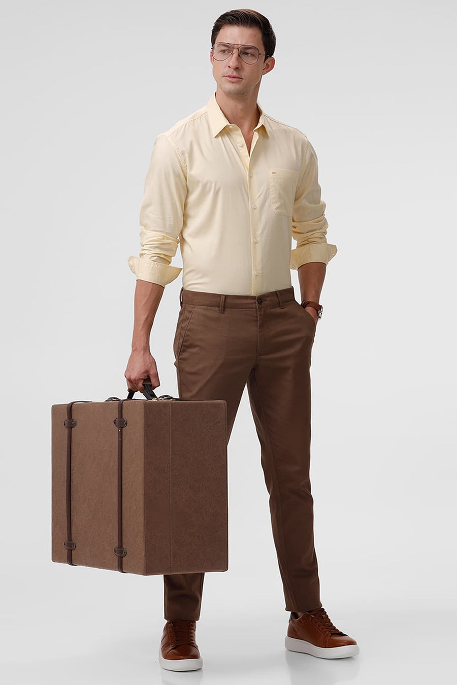 BASICS SLIM FIT PASTEL YELLOW COTTON OXFORD SHIRT