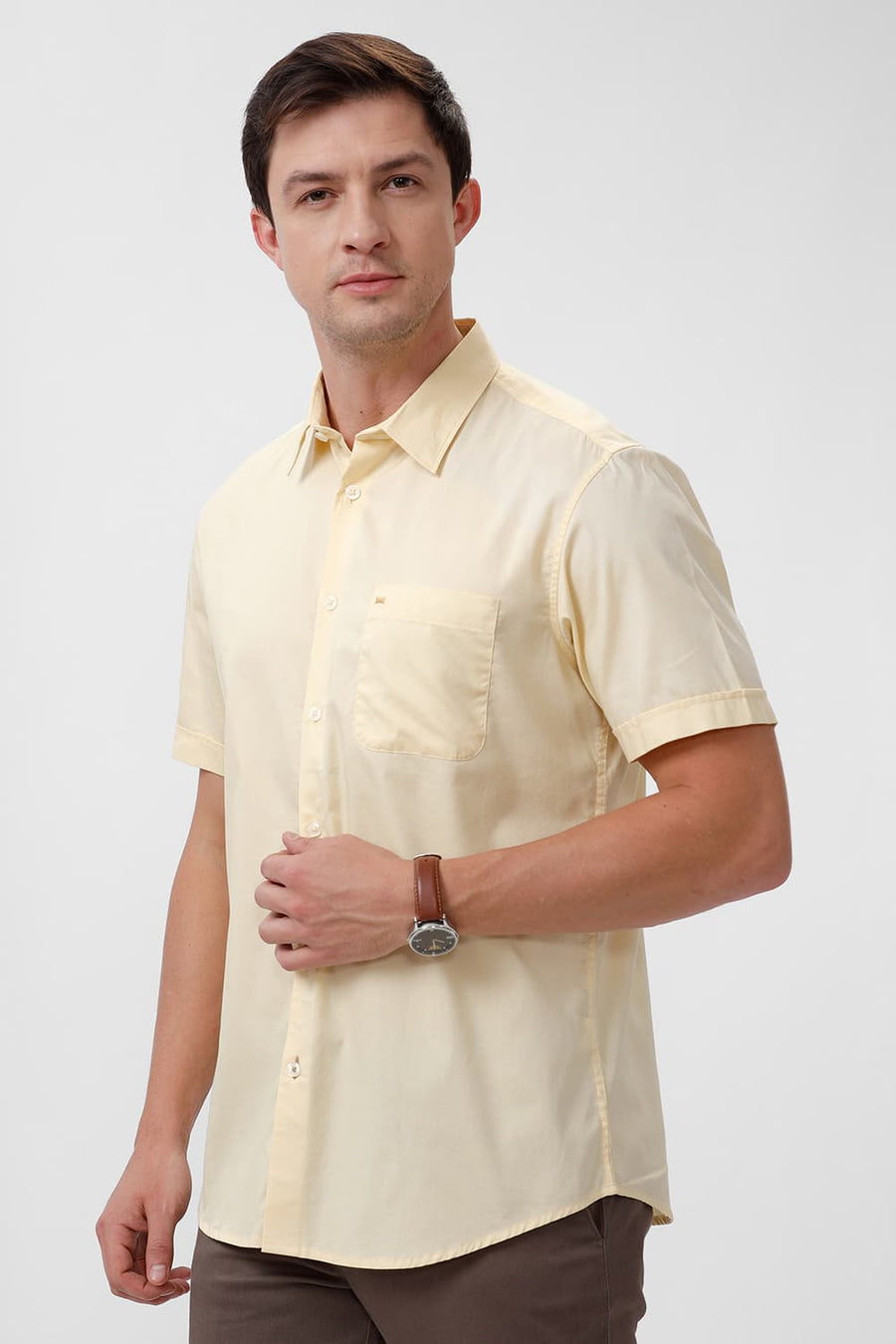 BASICS SLIM FIT PASTEL YELLOW COTTON OXFORD HALFSLEEVES SHIRT