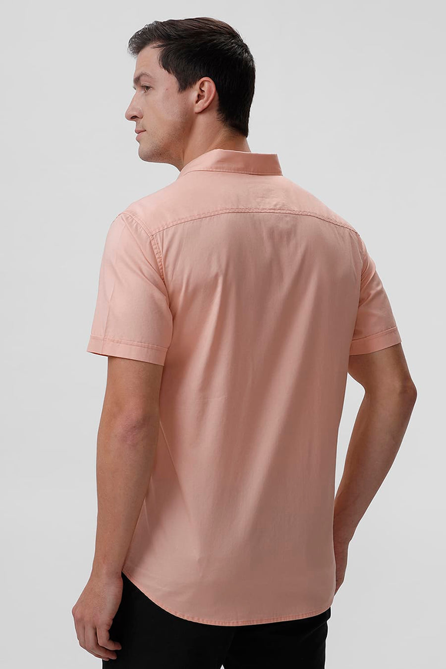 BASICS SLIM FIT PEACH MELBA COTTON OXFORD HALFSLEEVES SHIRT