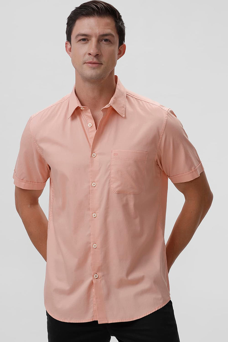 BASICS SLIM FIT PEACH MELBA COTTON OXFORD HALFSLEEVES SHIRT