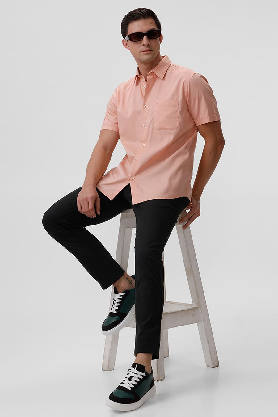 BASICS SLIM FIT PEACH MELBA COTTON OXFORD HALFSLEEVES SHIRT