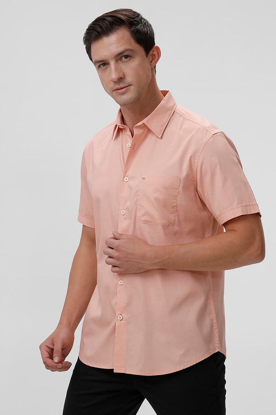 BASICS SLIM FIT PEACH MELBA COTTON OXFORD HALFSLEEVES SHIRT