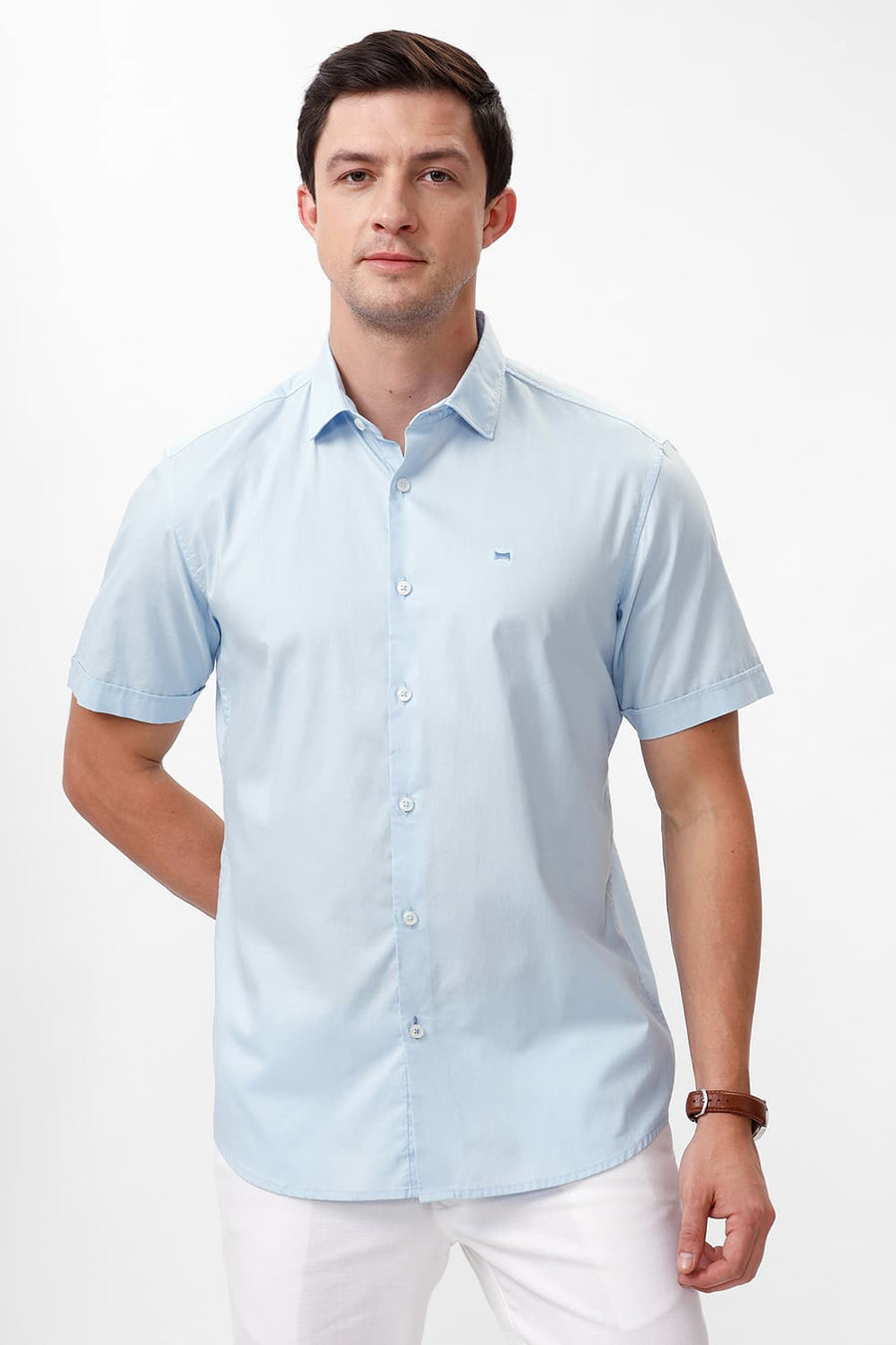 BASICS SLIM FIT SKYWAY BLUE COTTON OXFORD HALFSLEEVES SHIRT