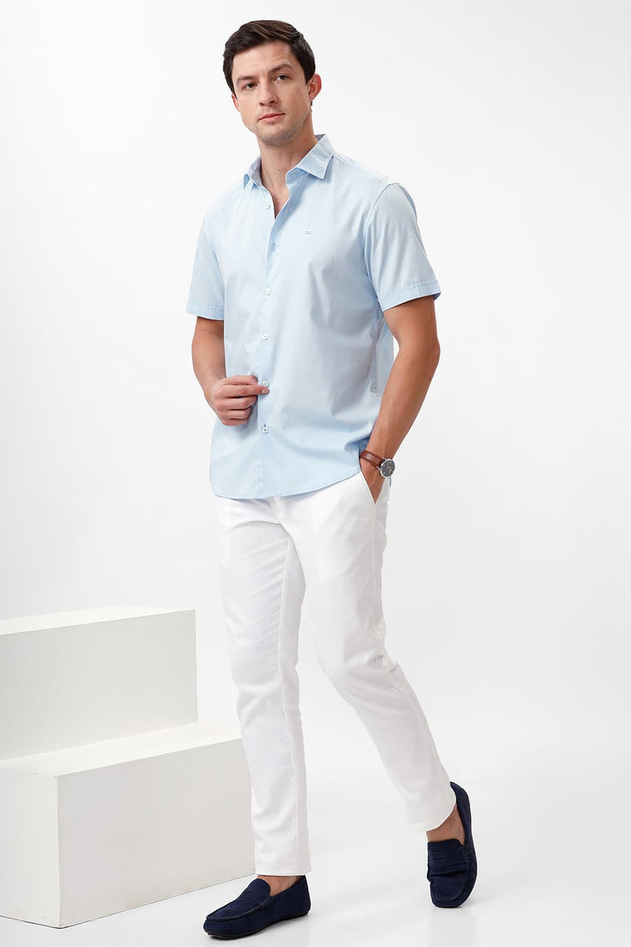 BASICS SLIM FIT SKYWAY BLUE COTTON OXFORD HALFSLEEVES SHIRT