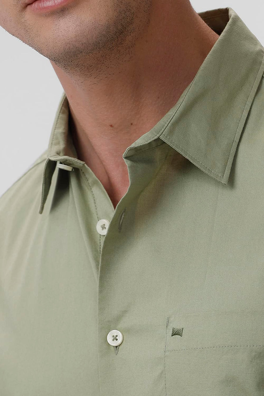 BASICS SLIM FIT SAGE GREEN COTTON OXFORD HALFSLEEVES SHIRT