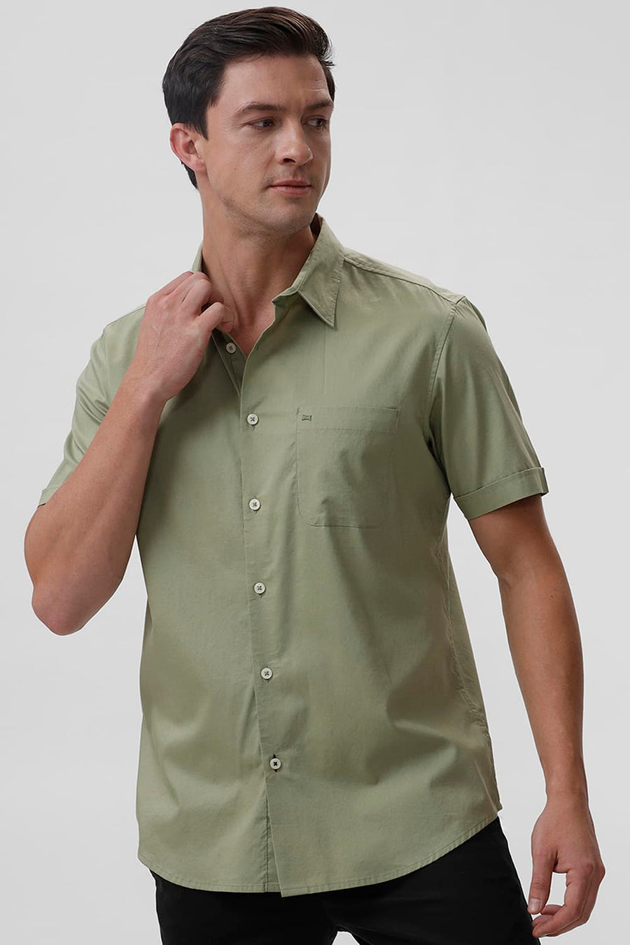 BASICS SLIM FIT SAGE GREEN COTTON OXFORD HALFSLEEVES SHIRT