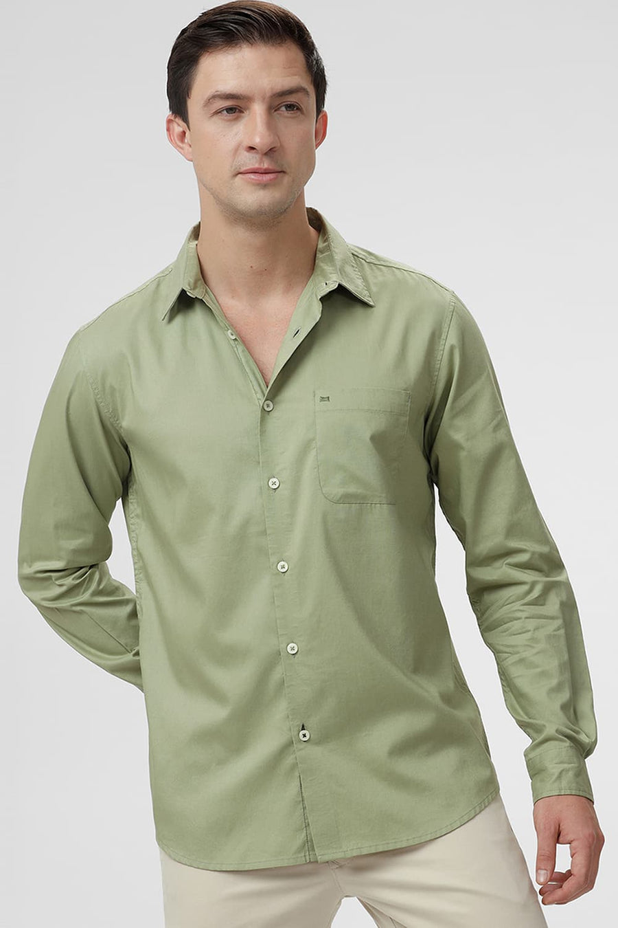 BASICS SLIM FIT SAGE GREEN COTTON OXFORD SHIRT