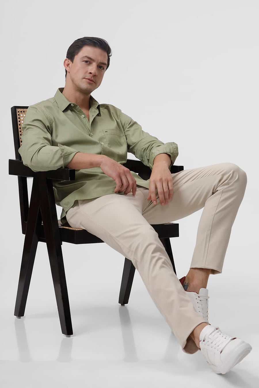 BASICS SLIM FIT SAGE GREEN COTTON OXFORD SHIRT