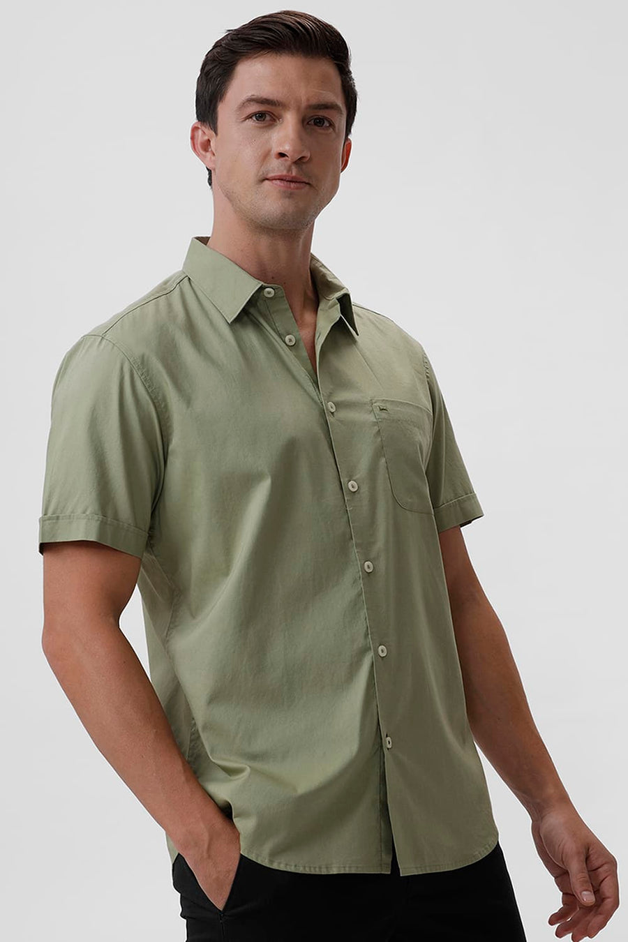 BASICS SLIM FIT SAGE GREEN COTTON OXFORD HALFSLEEVES SHIRT